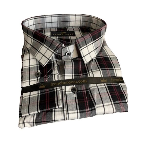 French Crown Plaid Cotton Button Down Shirt Black Purple - Picture 1 of 8